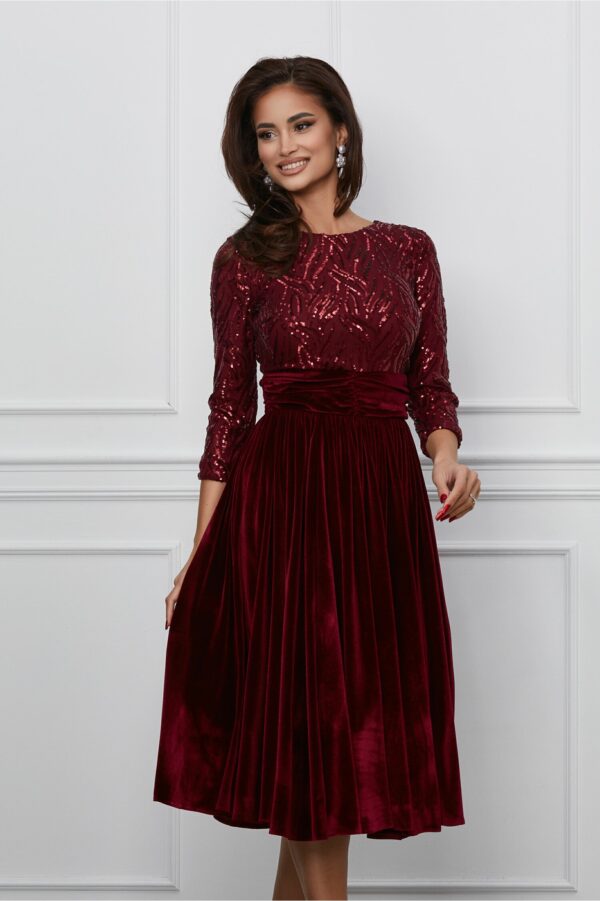 Rochie Dy Fashion bordo din catifea cu bust din paiete