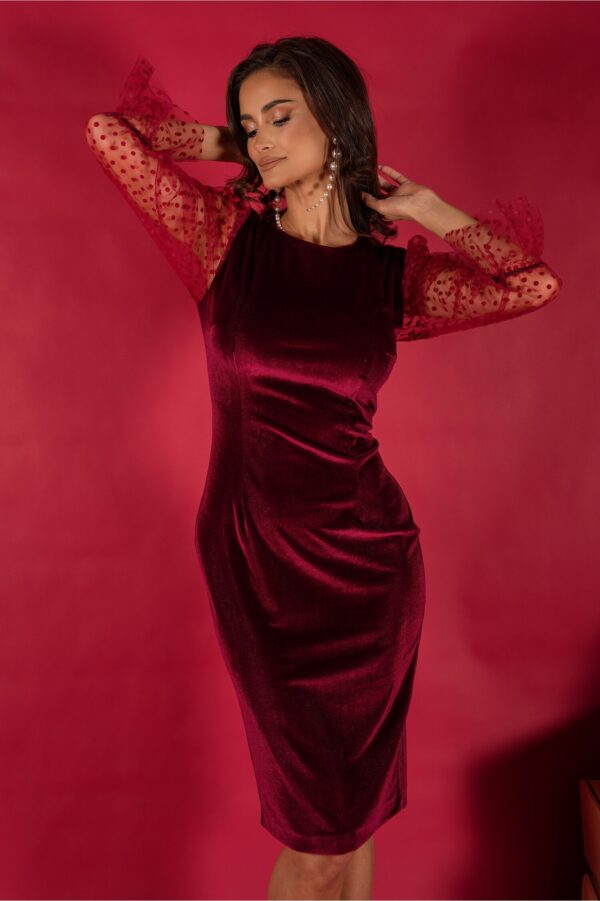 Rochie Dy Fashion bordo din catifea cu maneci din tull cu buline