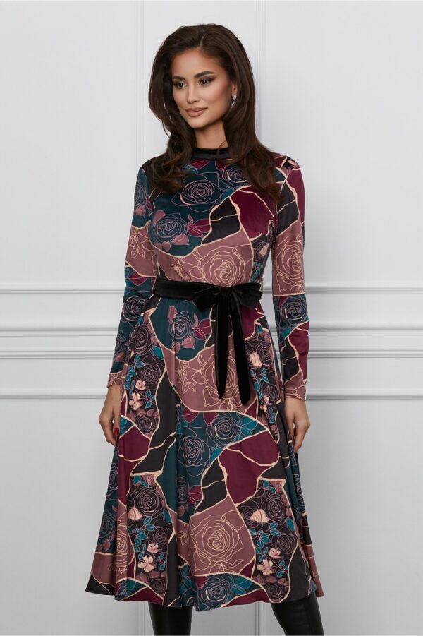 Rochie Dy Fashion din catifea turcoaz cu imprimeu mov si cordon in talie