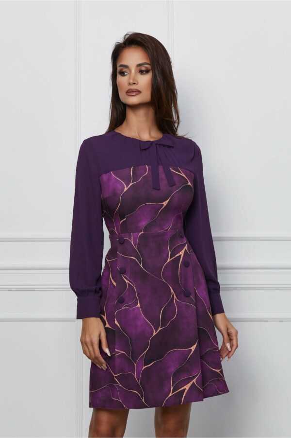 Rochie Dy Fashion mov cu imprimeu maro si maneci din voal