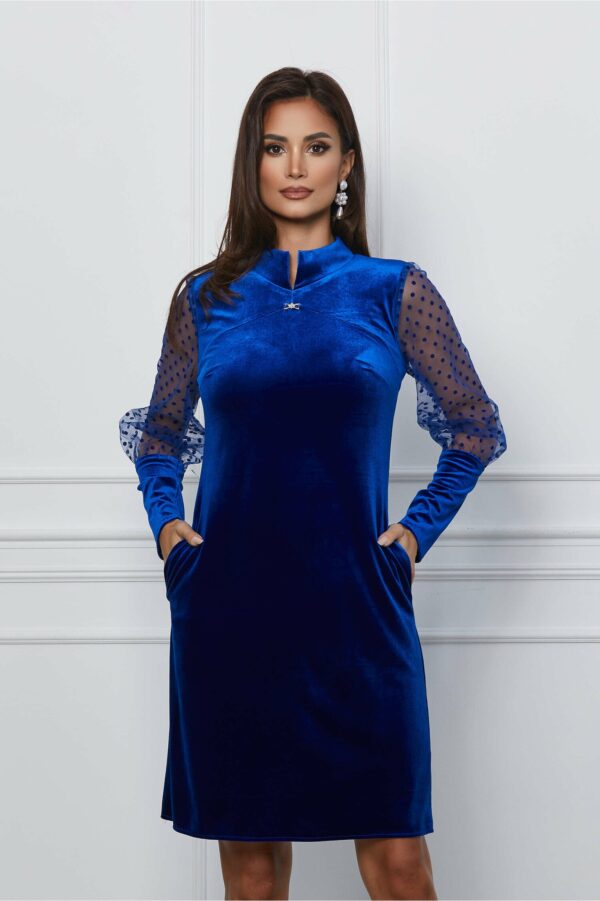 Rochie Moze albastra din catifea cu maneci din organza cu buline