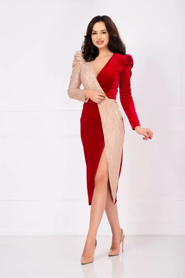 Rochie rosie de seara din catifea cu paiete aurii Rosemary petrecuta