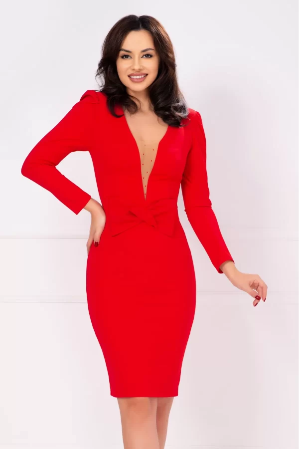 Rochie rosie eleganta Ayana cu funda in talie