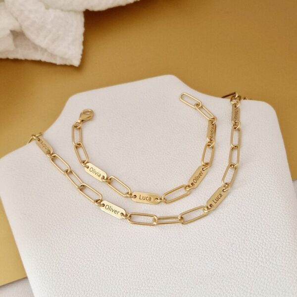 Set lantisor si bratara TOTUL MEU – 4 placute personalizate si lant din zale mari – Argint 925 placat cu Aur Galben 18K