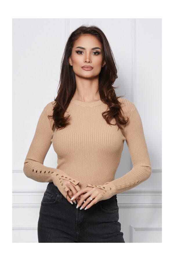 Bluza Mella din tricot reiat bej cu capse aurii
