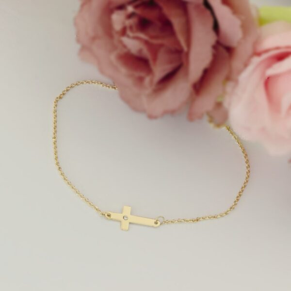 Bratara lant dama si cruciulita aur galben 14K cu diamant natural