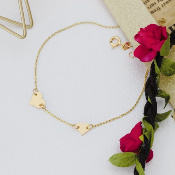 Bratara lant dama cu doua inimioare – aur galben, alb sau roz 14K