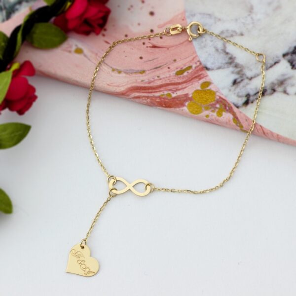 Bratara lant dama cu infinit si inima gravata – aur galben, alb sau roz 14k