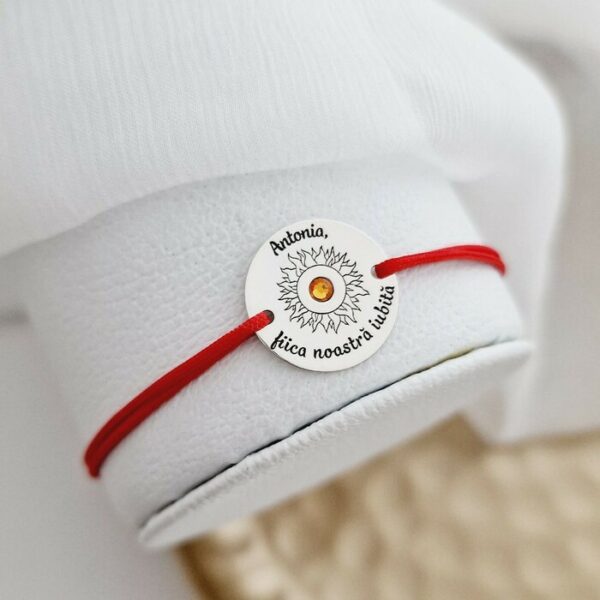 Bratara Fiica noastra – Model personalizat cu nume si soare – Argint 925 si Cristal Swarovski – Snur reglabil