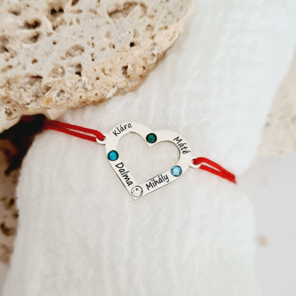 Bratara personalizata – Iubire nelimitata – Inima cu 4 nume gravate si cristale Swarovski – Argint 925, snur reglabil