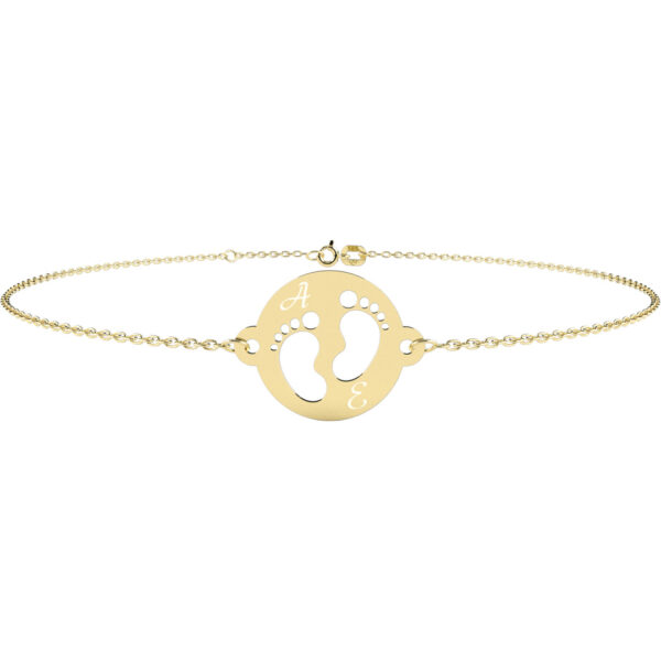 Bratara lant bebe – copil cu talpite in banut – aur galben, alb sau roz 14K