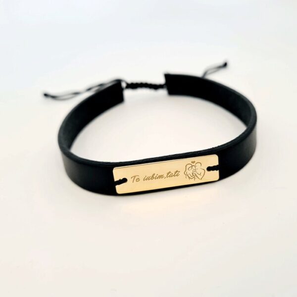 Bratara Placuta gravata cu simbol Proaspeti Parinti si Text – Argint 925 placat cu Aur 18k, piele