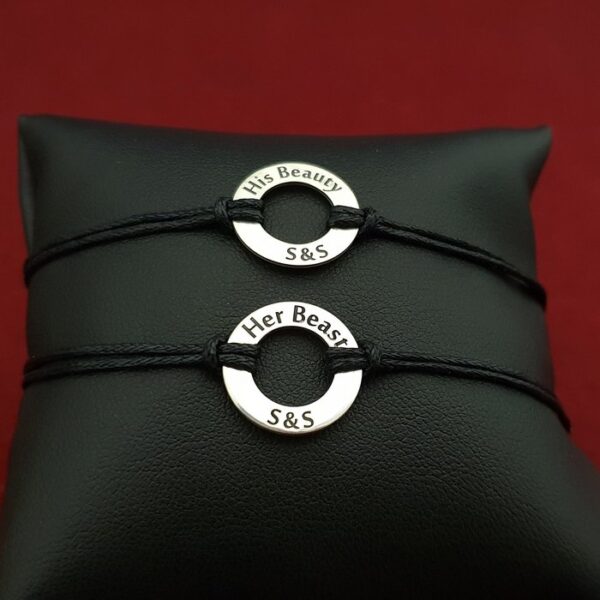 Bratari cuplu – His beauty & Her beast – Argint 925, snur negru