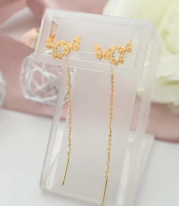 Cercei lungi cu lan? model trei fluturasi – aur galben 14K