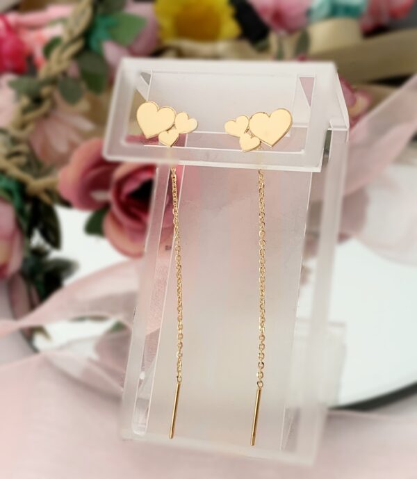 Cercei lungi cu lan? model trei inimioare – aur galben 14K