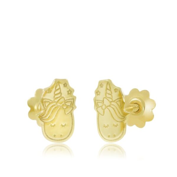 Cercei copii/bebe – Model unicorn – Aur Galben 14K – Inchizatoare sigura si confortabila cu filet