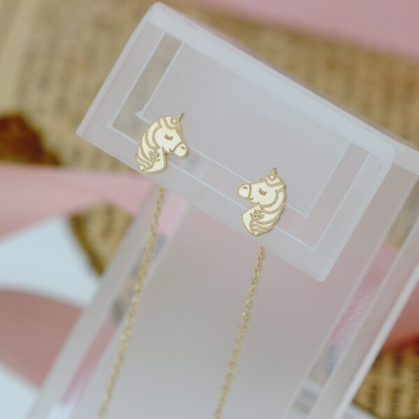 Cercei din aur galben, alb sau roz 14K model unicorn cu lant