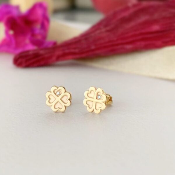 Cercei pentru bebe si fetite din aur galben 14K model trifoi cu diamant