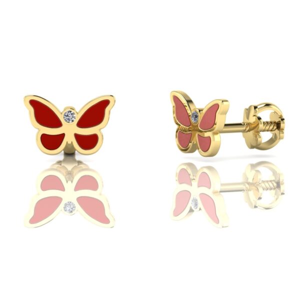 Cercei fluturas, colorit si diamante – din aur 14k – pentru bebe sau fetite