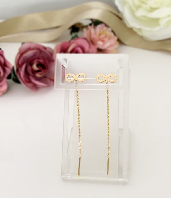 Cercei din aur galben 14k cu model infinit si lantisor