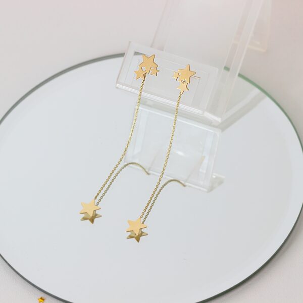 Cercei lungi cu stelute si lant detasabil – aur galben, alb sau roz 14K