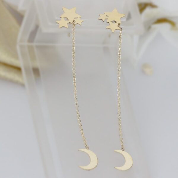 Cercei lungi cu stelute si semiluna lant detasabil aur galben 14K