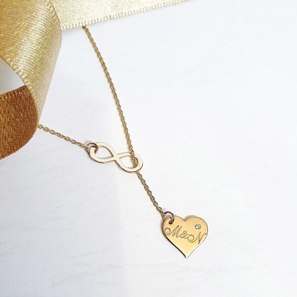 Lantisor cu infinit si inimioara gravata – aur galben, alb sau roze 14K