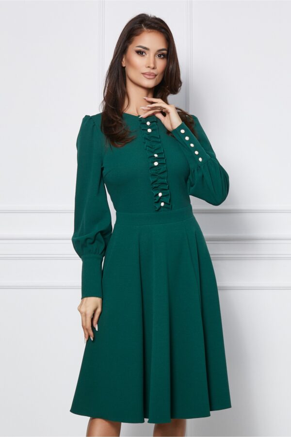Rochie Dy Fashion verde din crep cu volane si nasturi decorativi