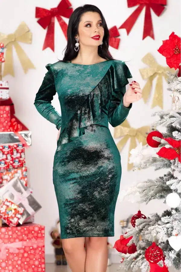 Rochie eleganta Emrin verde cu volan oblic si aspect de glitter auriu