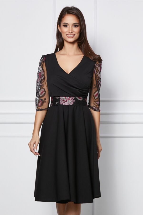 Rochie Ella Collection Adria neagra cu broderie pe maneci si decolteu petrecut