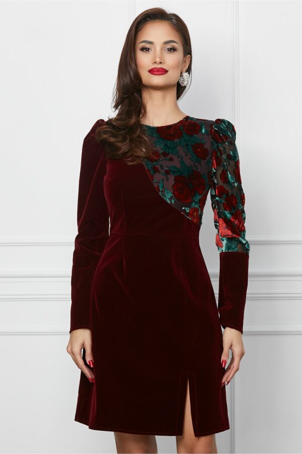Rochie Moze bordo din catifea cu imprimeu floral pe maneca
