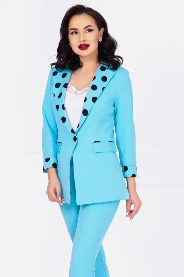 Sacou office baby blue cu mansete si rever cu buline