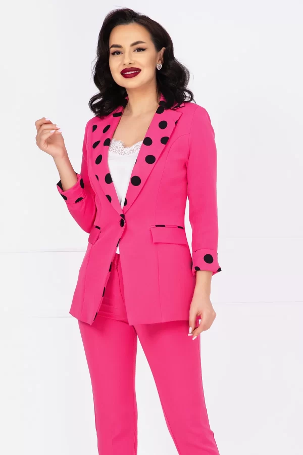 Sacou office fuchsia cu mansete si rever cu buline