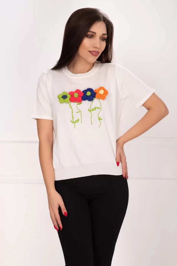 Bluza casual chic alba cu flori 3D brodate