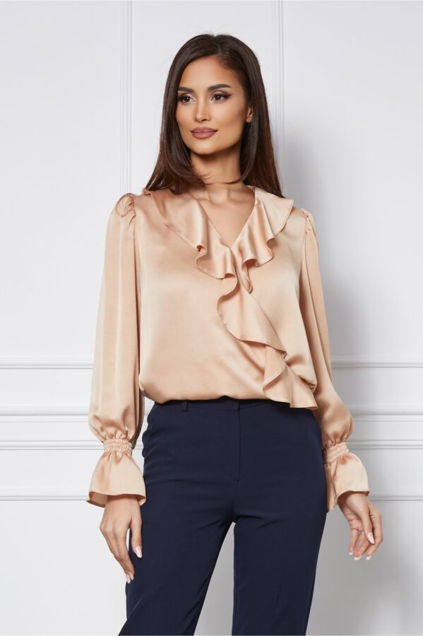 Bluza Dy Fashion bej din satin cu volanas pe bust