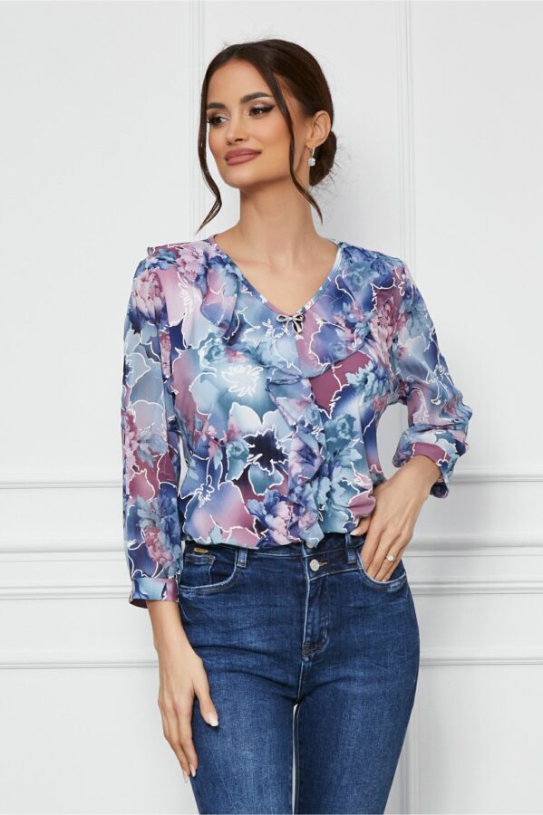 Bluza Sabrina albastru petrol cu imprimeu mov