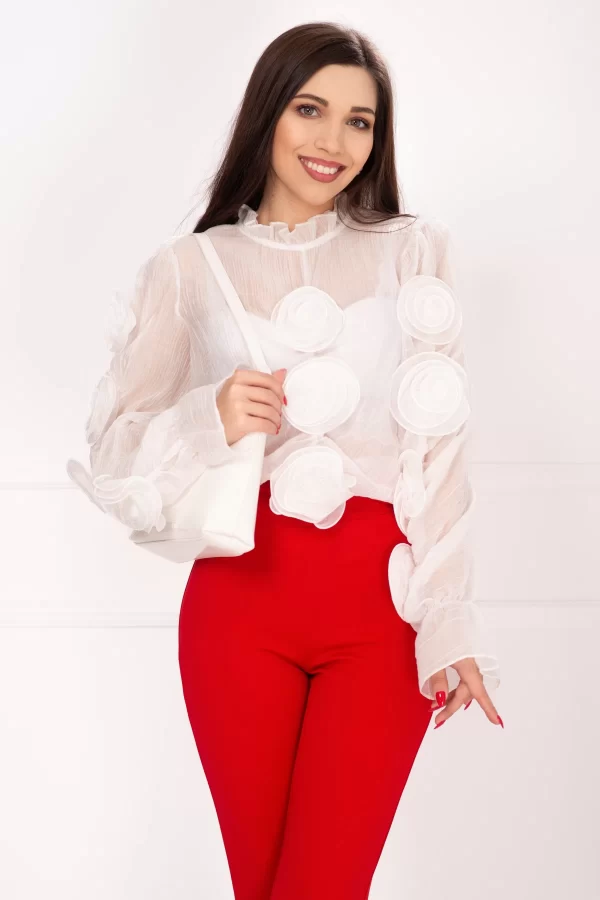 Camasa delicata alba din crep cu trandafiri 3D