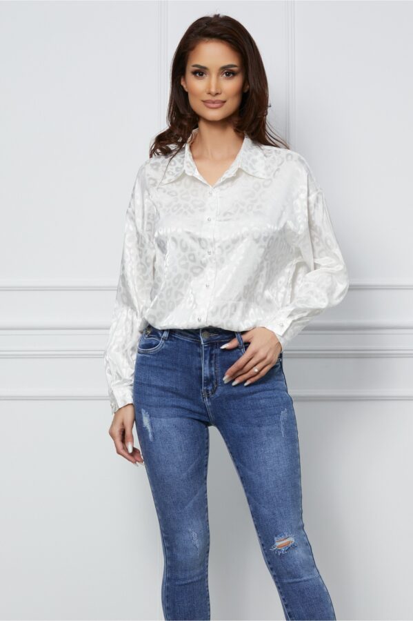 Camasa Dorina alba cu animal print satinat