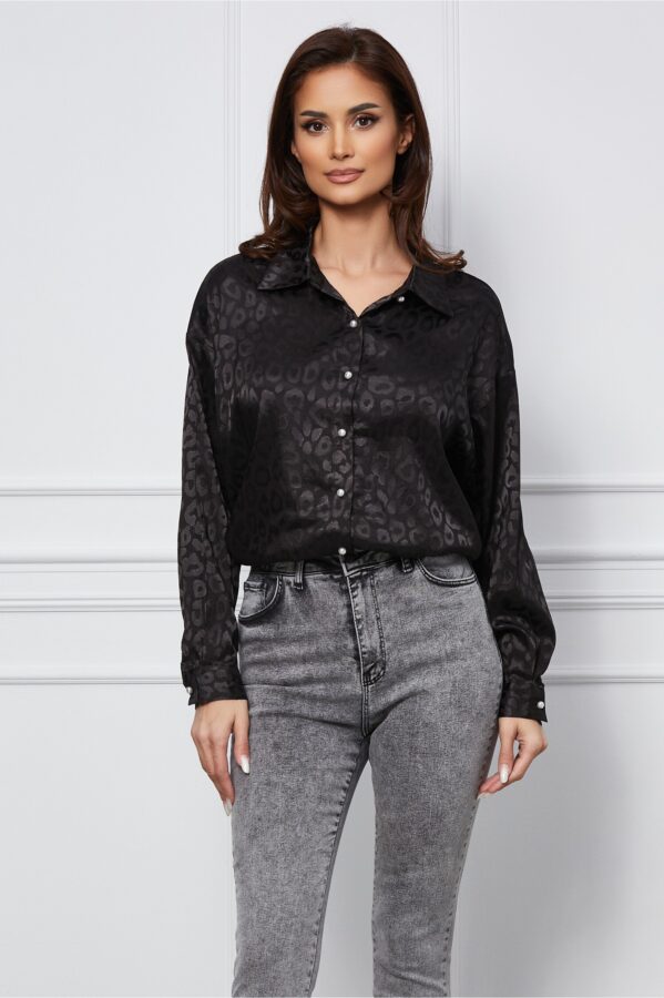 Camasa Dorina neagra cu animal print satinat