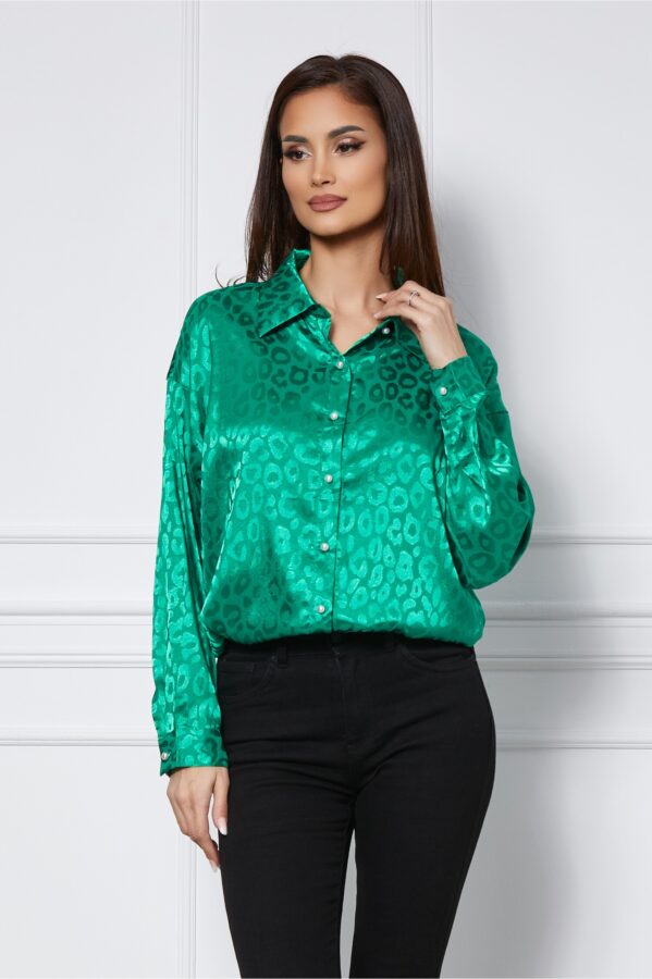 Camasa Dorina verde cu animal print satinat