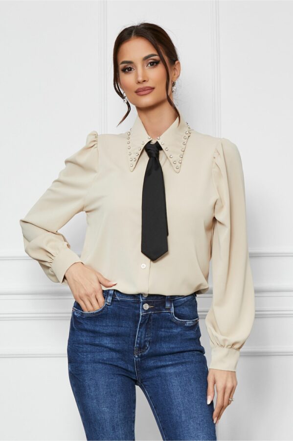 Camasa Lara bej cu cravata si strasuri pe guler