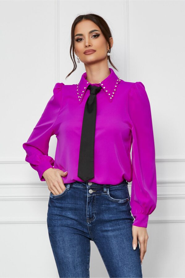 Camasa Lara magenta cu cravata si strasuri pe guler
