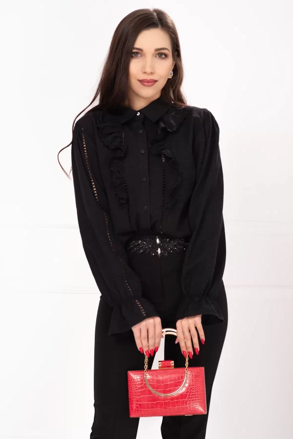 Camasa neagra din panza cu sabac si volane