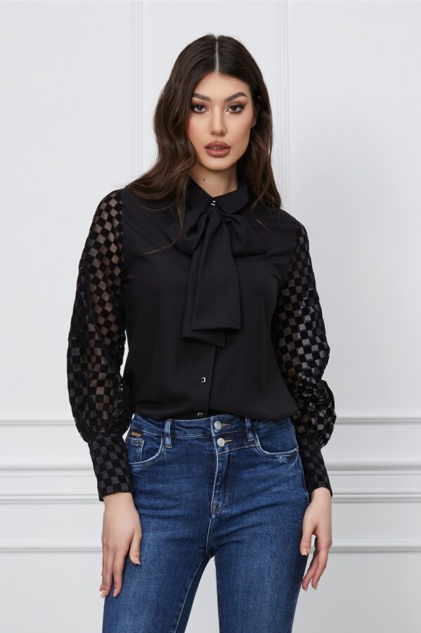 Camasa Teodara neagra cu maneci din organza si catifea