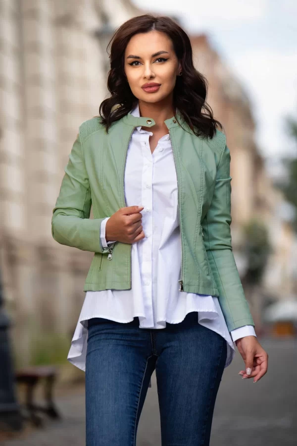 Geaca dama verde deschis din piele eco cu zone plisate