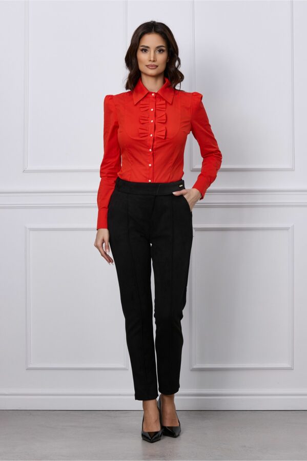 Pantaloni Loris negri din catifea cu insertii din piele ecologica