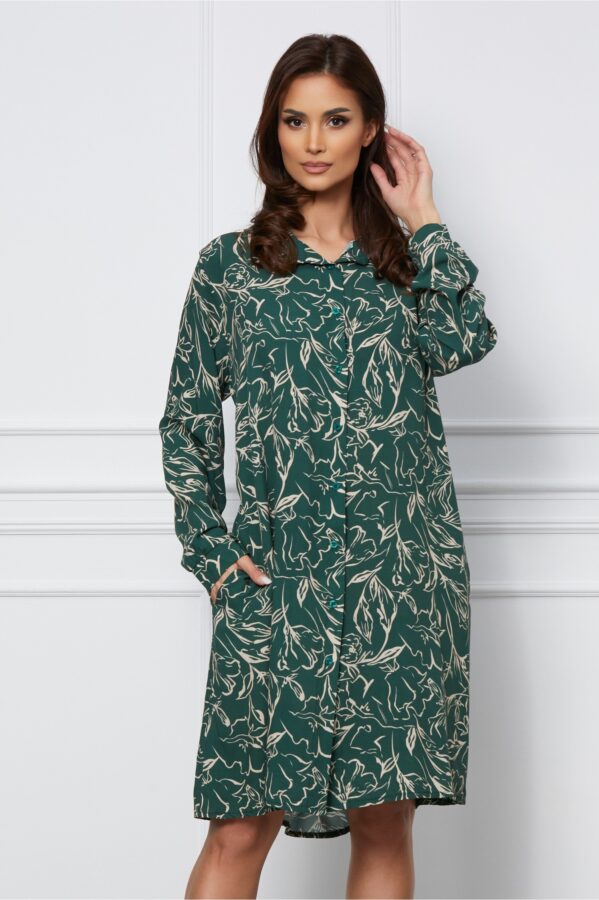 Rochie Alma verde tip camasa cu imprimeuri bej