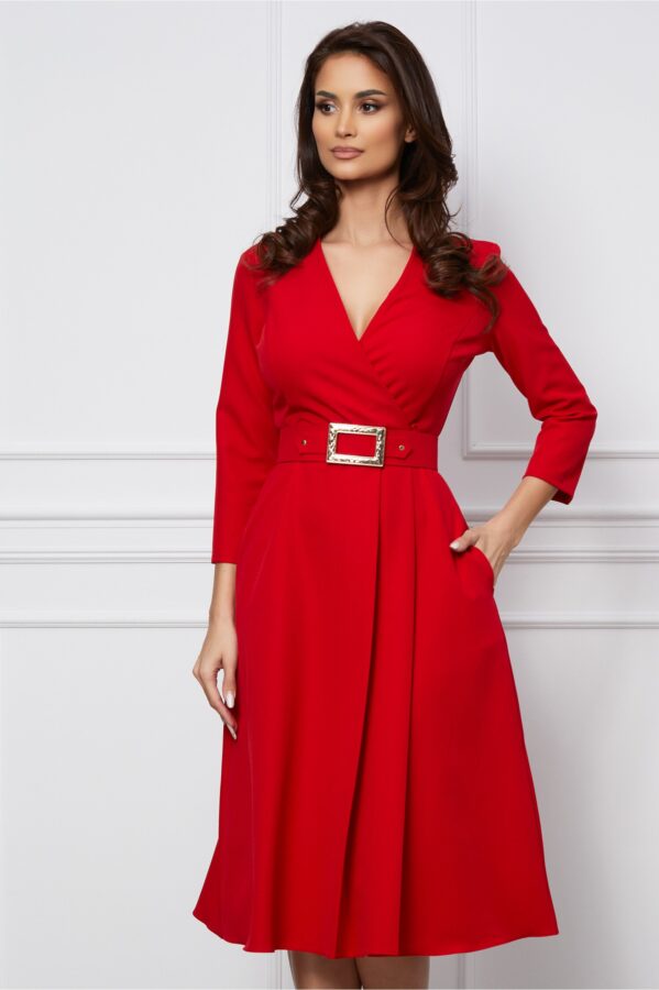 Rochie Amalia rosie cu pliuri pe fusta si curea in talie