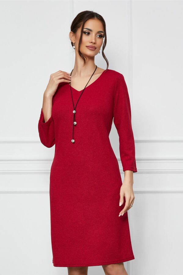 Rochie Angi rosie cu fir lurex si accesoriu
