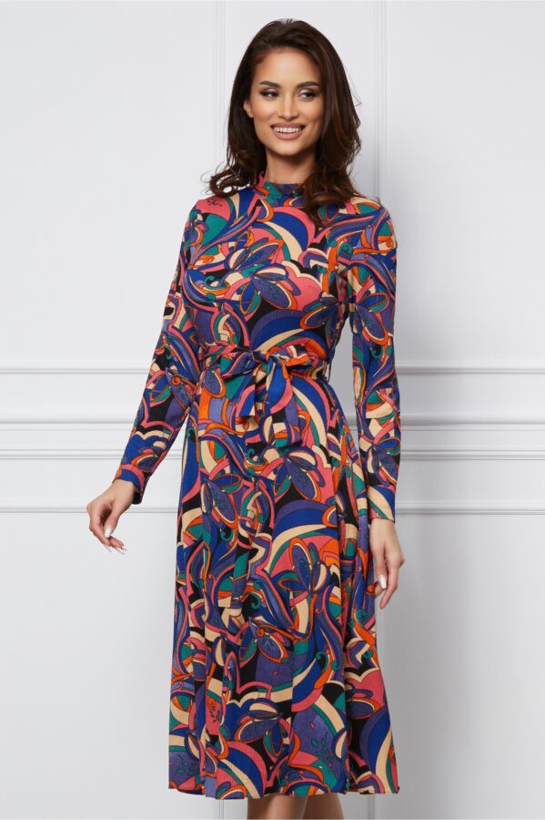 Rochie Dy Fashion albastra cu imprimeuri corai cu cordon in talie